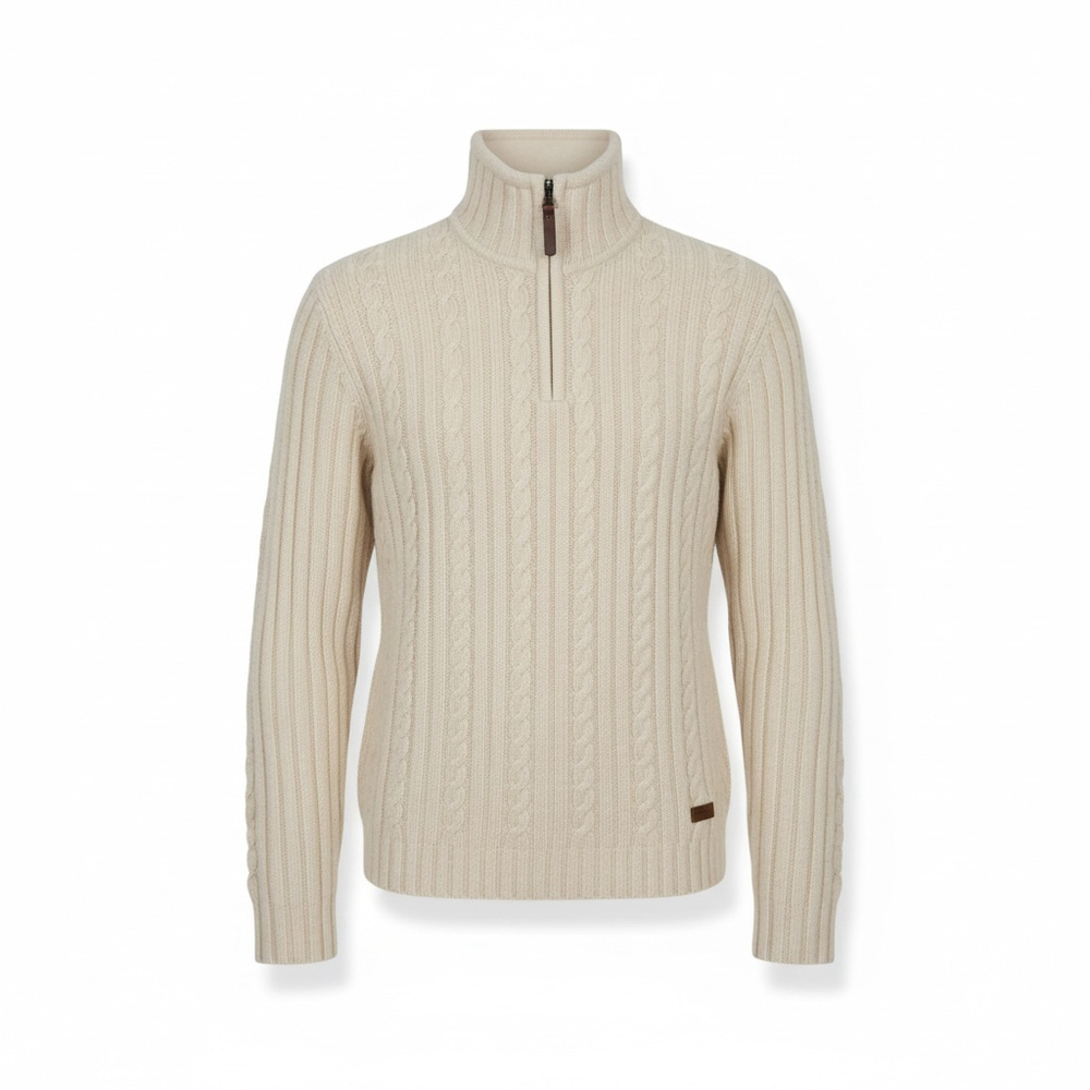 Contemporaine Beige Wool Cable Knit Quarter Zip Sweater Large